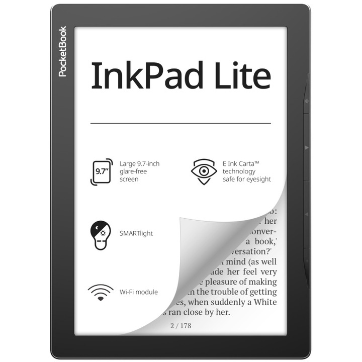 eBook четец PocketBook Inkpad Lite, 9,7" сензорен екран, E Ink Card 8, 825 × 1200 пиксела, 150dpi, 8 GB, G-сензор, SMARTlight, WiFi, Сив