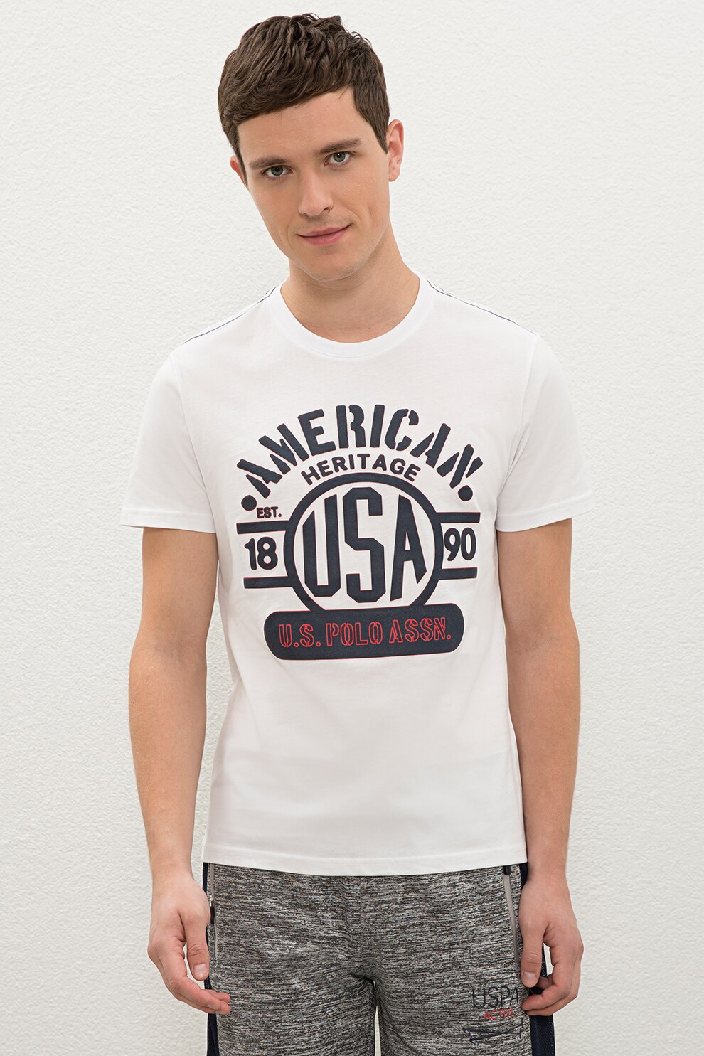 U.S. Polo Assn., Tricou cu decolteu la baza gatului si imprimeu logo, Alb/Negru stins