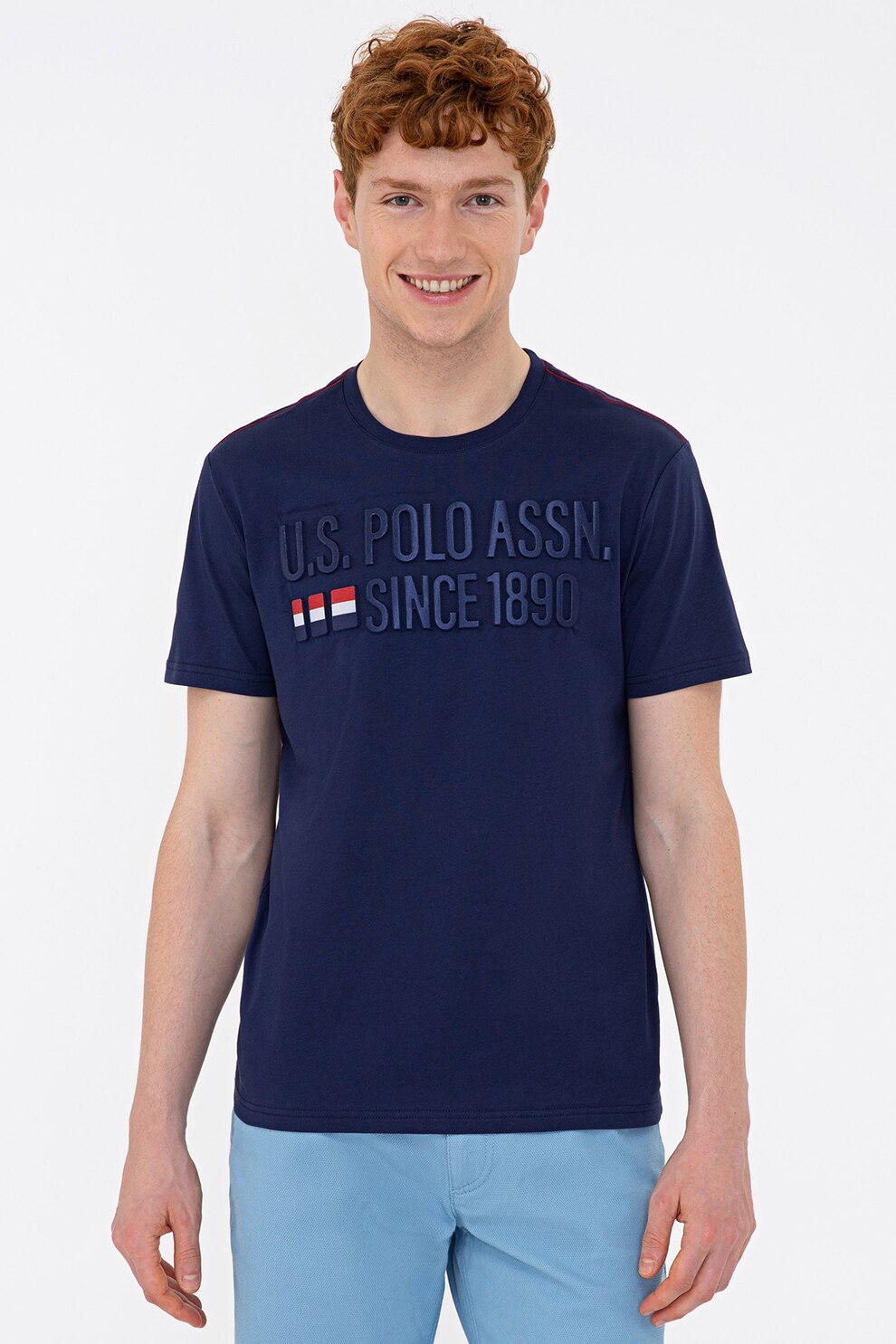 U.S. Polo Assn., Tricou cu decolteu la baza gatului si aplicatie logo, Bleumarin inchis