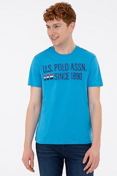 U.S. Polo Assn., Tricou cu decolteu la baza gatului si aplicatie logo, Albastru aqua