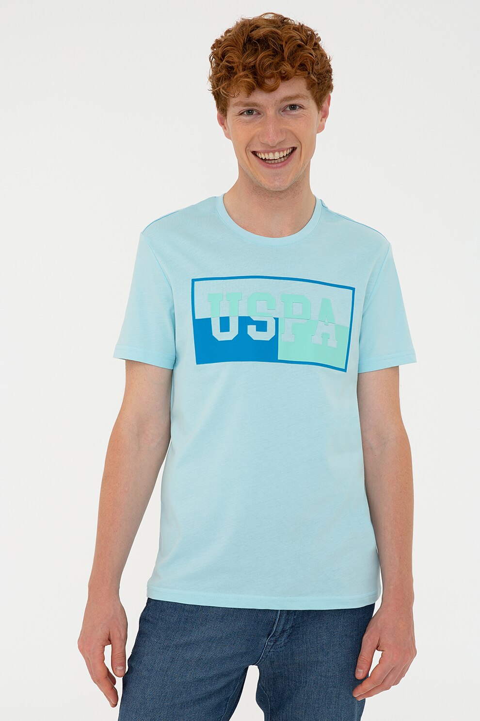 U.S. Polo Assn., Tricou de bumbac cu imprimeu logo, Albastru pastel