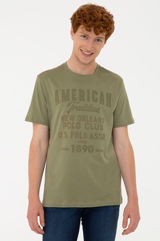 U.S. Polo Assn., Tricou de bumbac cu imprimeu text, Verde sparanghel