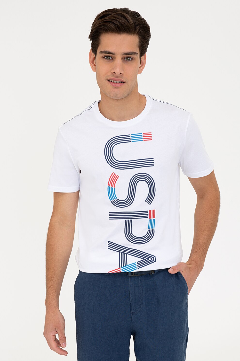 U.S. Polo Assn., Tricou cu decolteu la baza gatului si imprimeu logo, Alb/Bleumarin/Rosu
