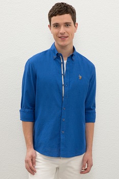 U.S. Polo Assn., Camasa din amestec de in, Albastru U.S. Polo Assn., Camasa din amestec de in, Albastru