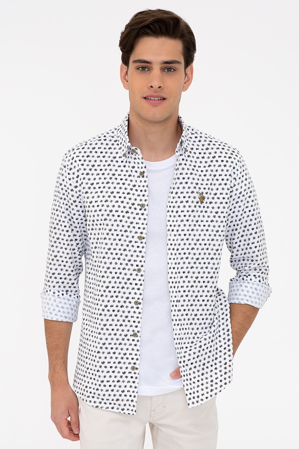 U.S. Polo Assn., Camasa de bumbac cu imprimeu grafic, Alb/Verde militar, M