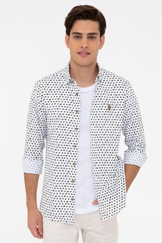 U.S. Polo Assn., Camasa de bumbac cu imprimeu grafic, Alb/Verde militar U.S. Polo Assn., Camasa de bumbac cu imprimeu grafic, Alb/Verde militar