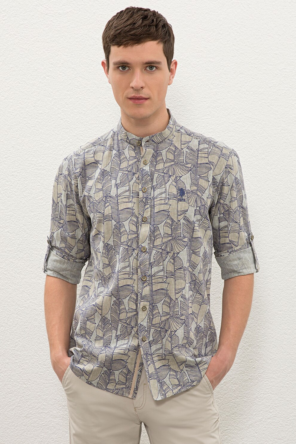 U.S. Polo Assn., Camasa slim fit din amestec de in cu imprimeu tropical, Verde sparanghel/Verde feriga