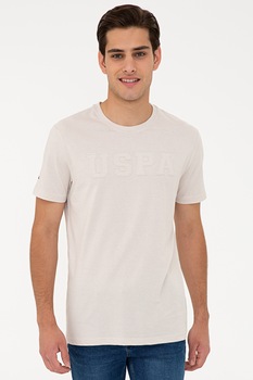 U.S. Polo Assn., Tricou cu decolteu la baza gatului si logo, Alb prafuit U.S. Polo Assn., Tricou cu decolteu la baza gatului si logo, Alb prafuit