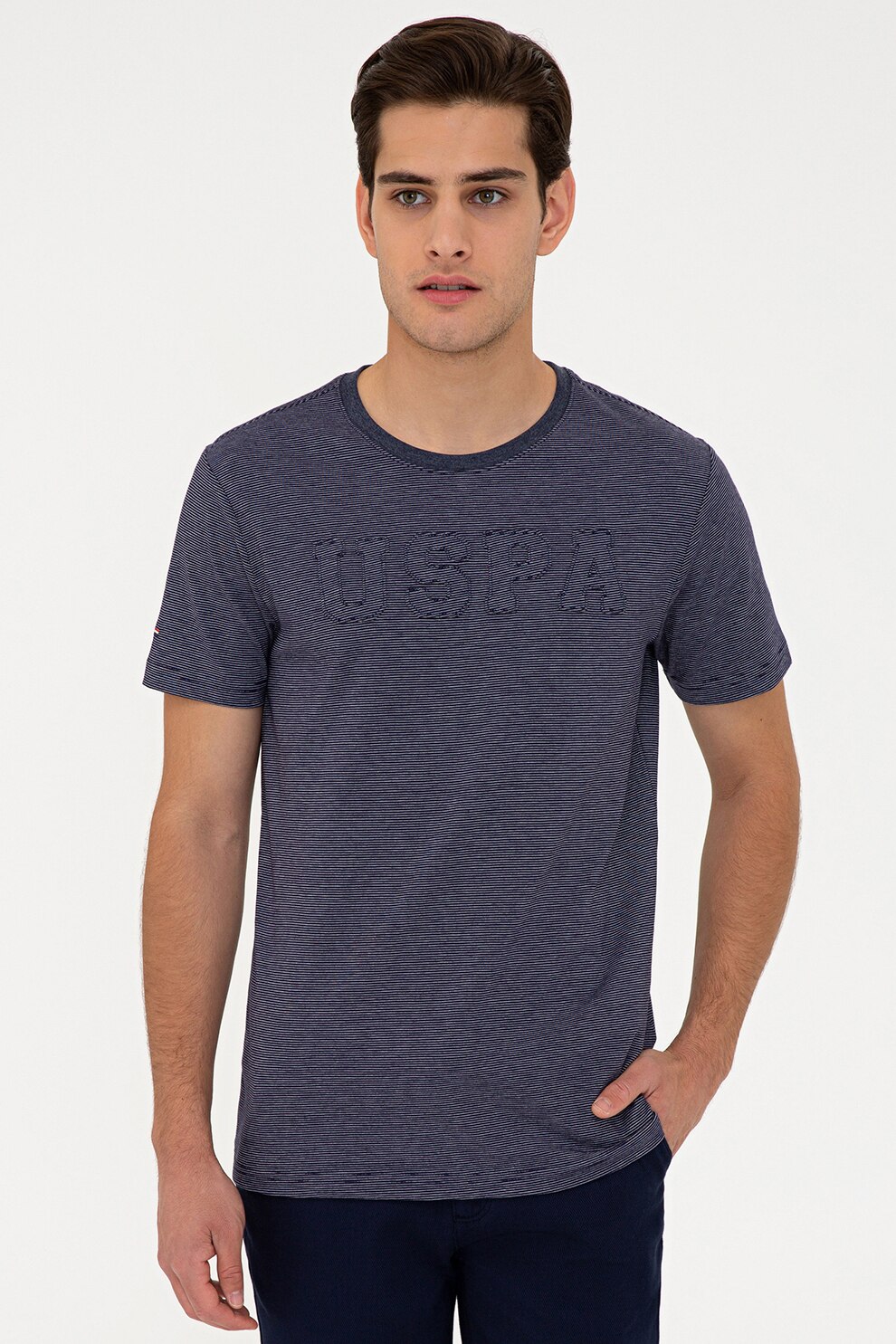 U.S. Polo Assn., Tricou cu decolteu la baza gatului si logo, bleumarin inchis, alb
