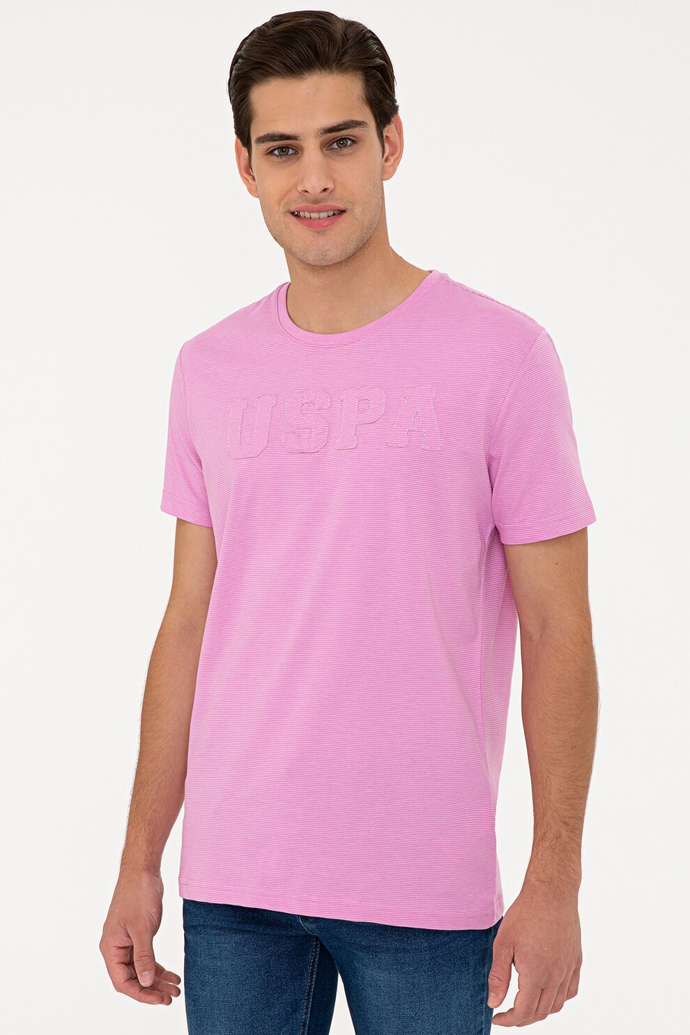 U.S. Polo Assn., Tricou cu decolteu la baza gatului si logo, Roz deschis
