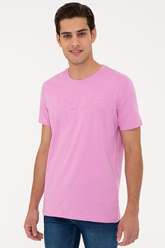 U.S. Polo Assn., Tricou cu decolteu la baza gatului si logo, Roz deschis U.S. Polo Assn., Tricou cu decolteu la baza gatului si logo, Roz deschis