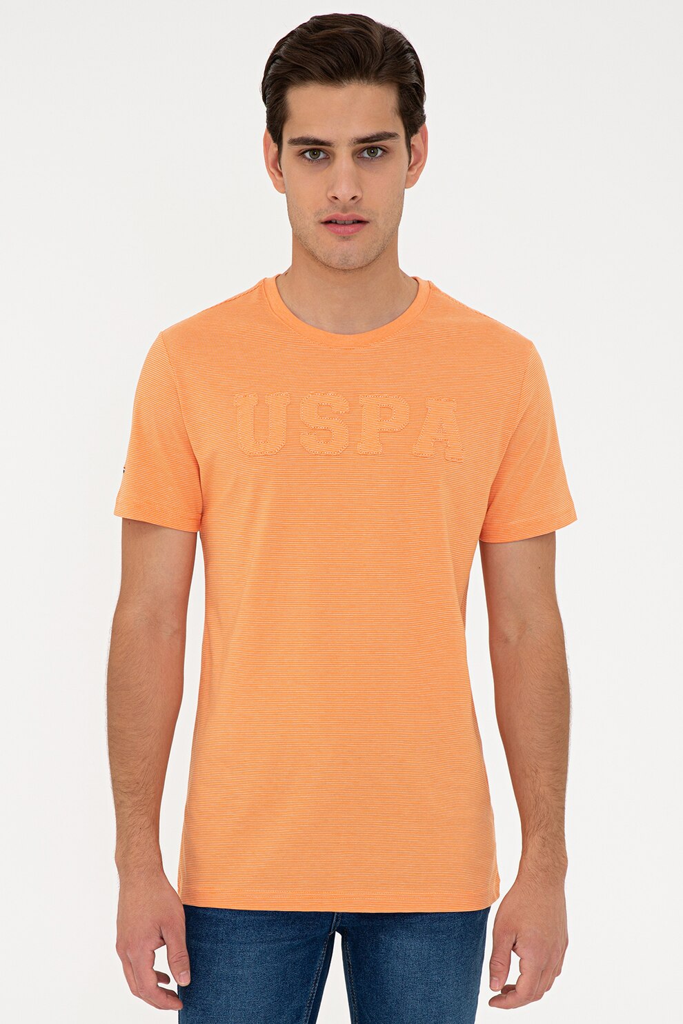 U.S. Polo Assn., Tricou cu decolteu la baza gatului si logo, Oranj pal