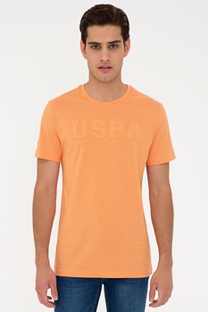 U.S. Polo Assn., Tricou cu decolteu la baza gatului si logo, Oranj pal U.S. Polo Assn., Tricou cu decolteu la baza gatului si logo, Oranj pal