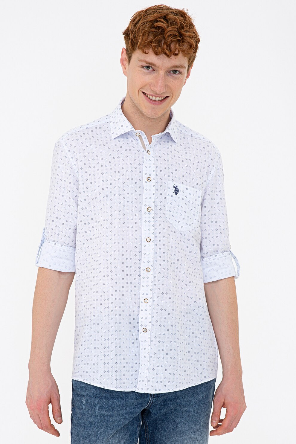 U.S. Polo Assn., Camasa cu imprimeu si buzunar pe piept, Alb/Bleu