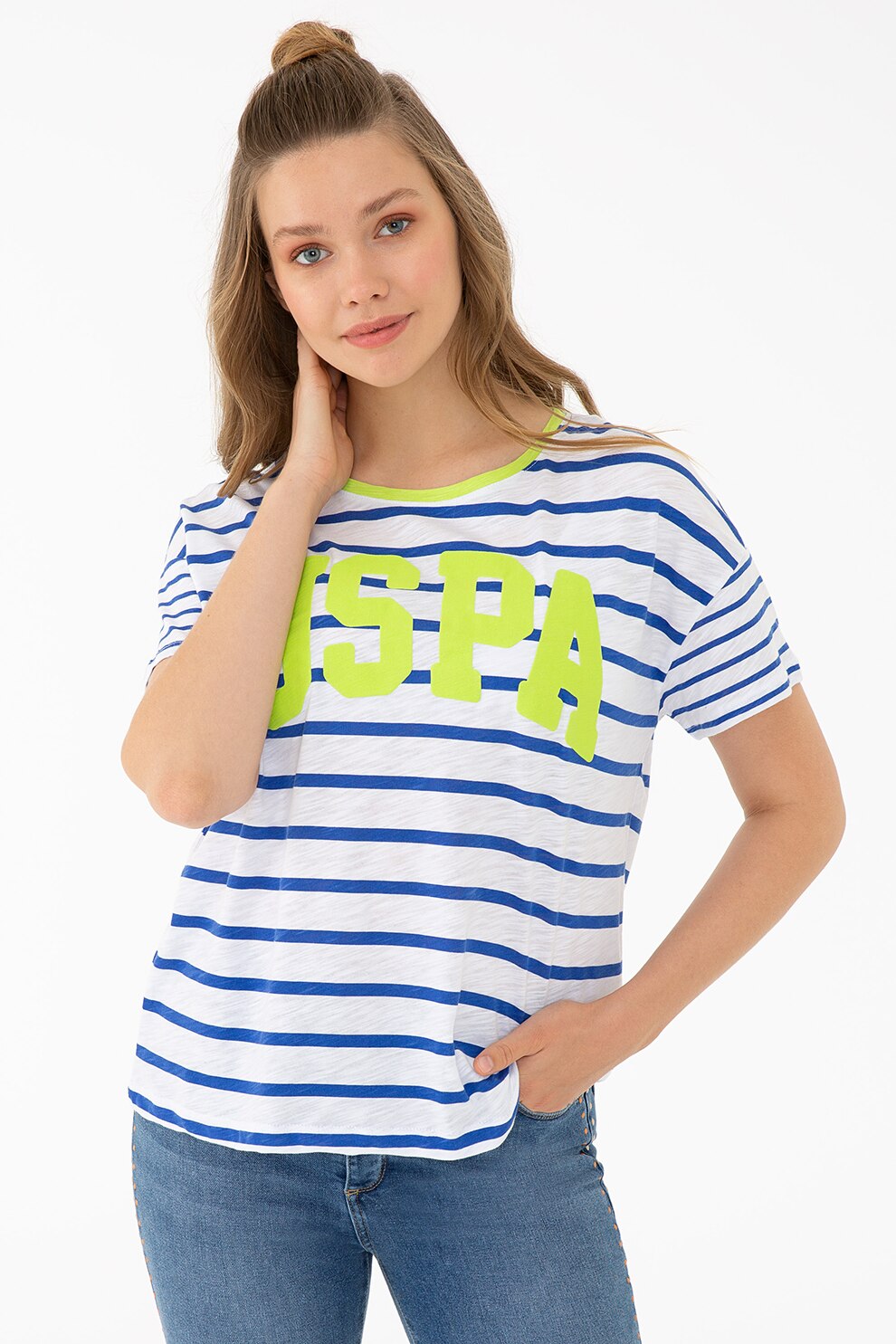 U.S. Polo Assn., Tricou in dungi cu logo, Alb/Albastru inchis/Verde electric