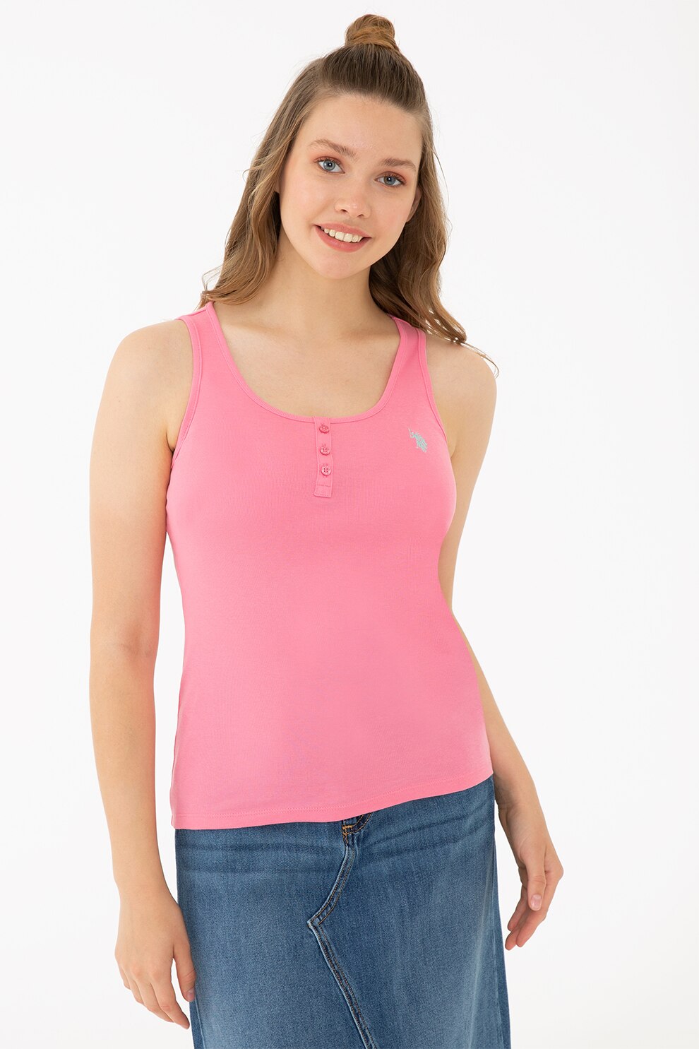 U.S. Polo Assn., Top din bumbac cu nasturi decorativi, Roz