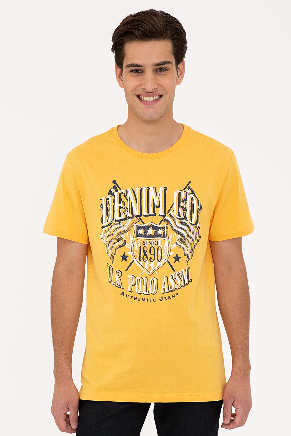 U.S. Polo Assn., Tricou cu decolteu la baza gatului si imprimeu grafic, Galben