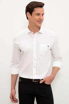 U.S. Polo Assn., Camasa de bumbac cu buzunar aplicat pe piept, Alb U.S. Polo Assn., Camasa de bumbac cu buzunar aplicat pe piept, Alb