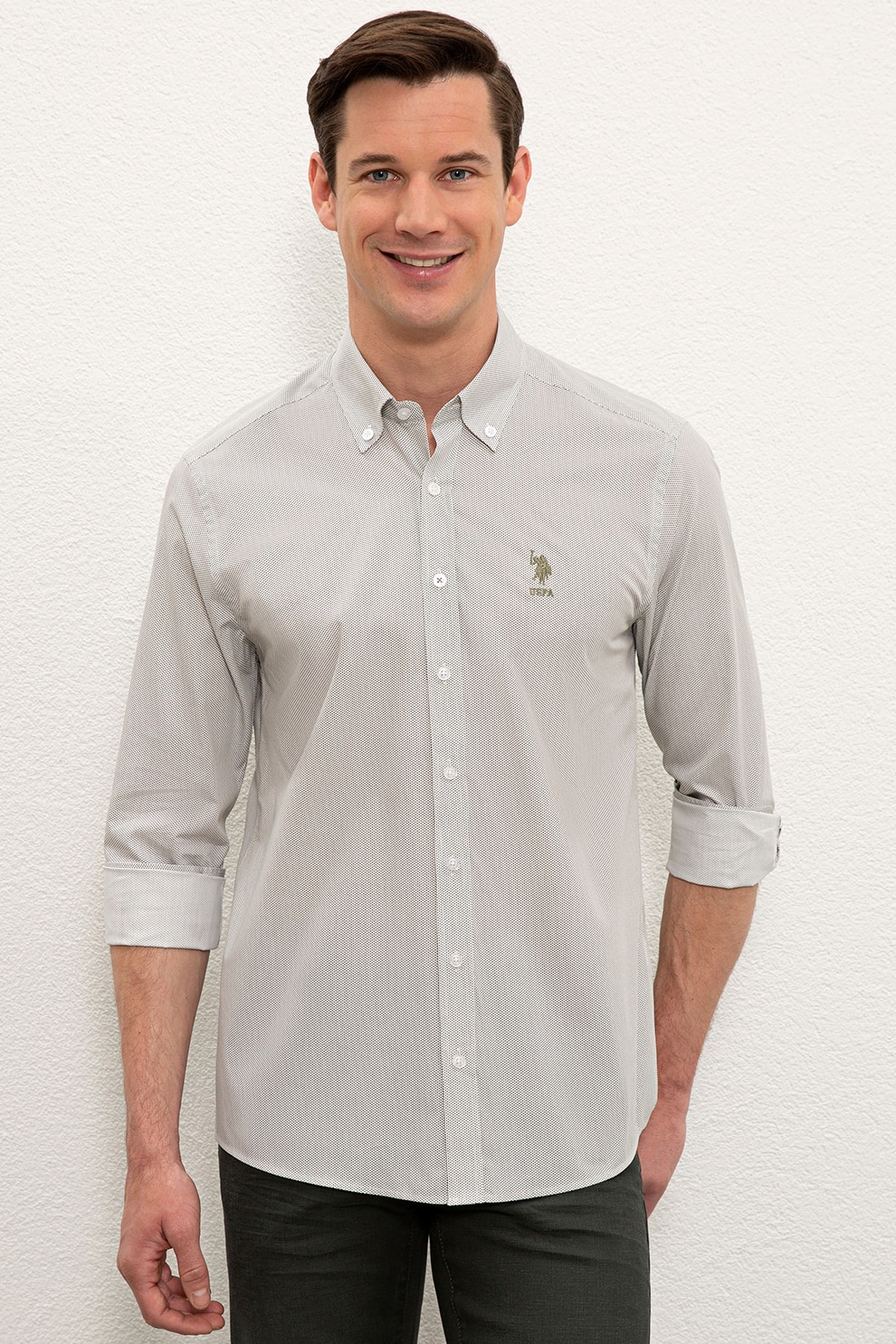 U.S. Polo Assn., Camasa slim fit cu logo brodat pe piept, Alb/Negru