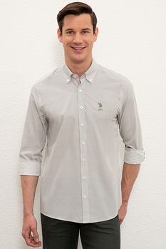 U.S. Polo Assn., Camasa slim fit cu logo brodat pe piept, Alb/Negru U.S. Polo Assn., Camasa slim fit cu logo brodat pe piept, Alb/Negru