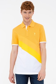 U.S. Polo Assn., Tricou polo din material pique cu model colorblock, Galben/Alb U.S. Polo Assn., Tricou polo din material pique cu model colorblock, Galben/Alb
