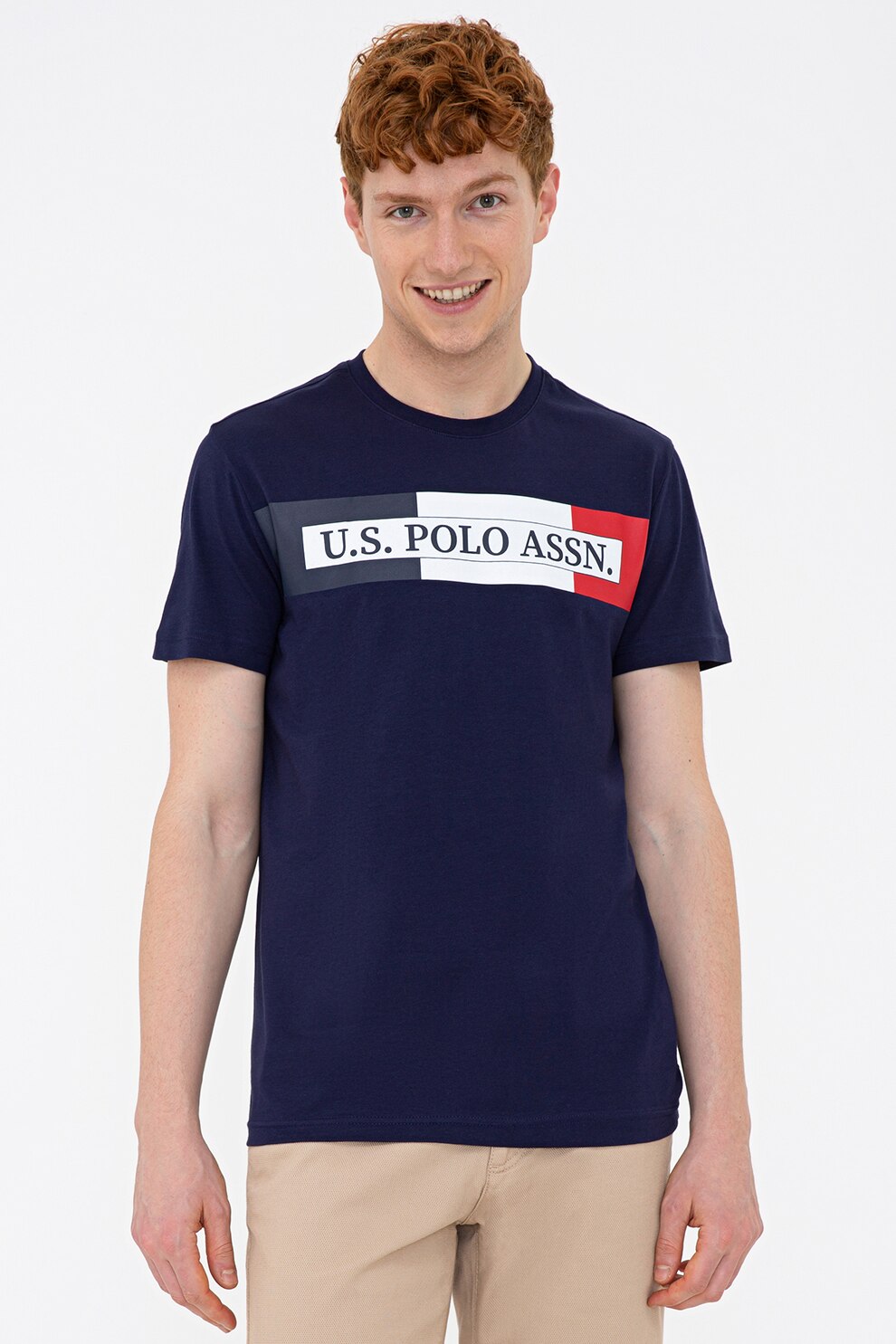U.S. Polo Assn., Tricou cu decolteu la baza gatului si imprimeu logo, Bleumarin inchis/Alb/Albastru inchis