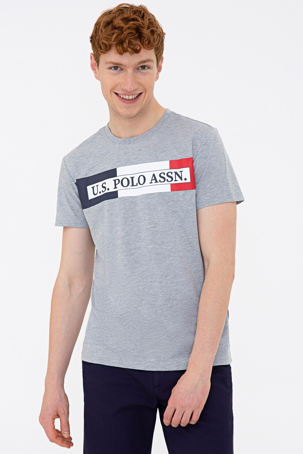 U.S. Polo Assn., Tricou cu decolteu la baza gatului si imprimeu logo, Gri deschis melange/Rosu/Alb