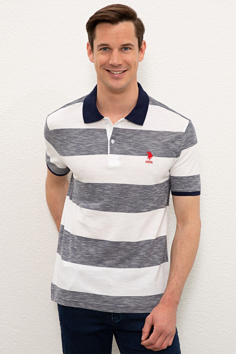U.S. Polo Assn., Tricou polo in dungi, Alb/Bleumarin inchis