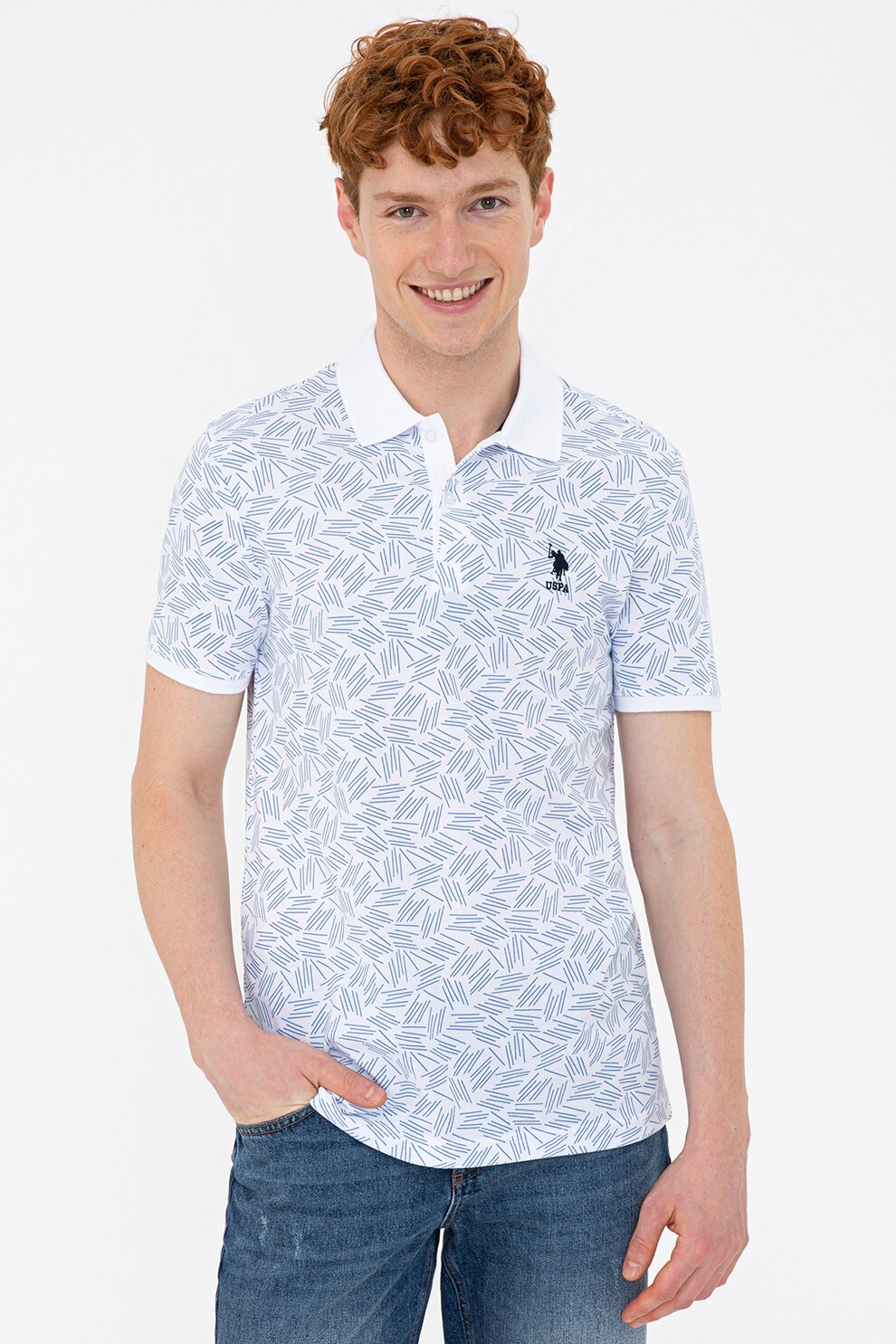 U.S. Polo Assn., Tricou polo slim fit de bumbac cu textura pique, Albastru pastel/Alb