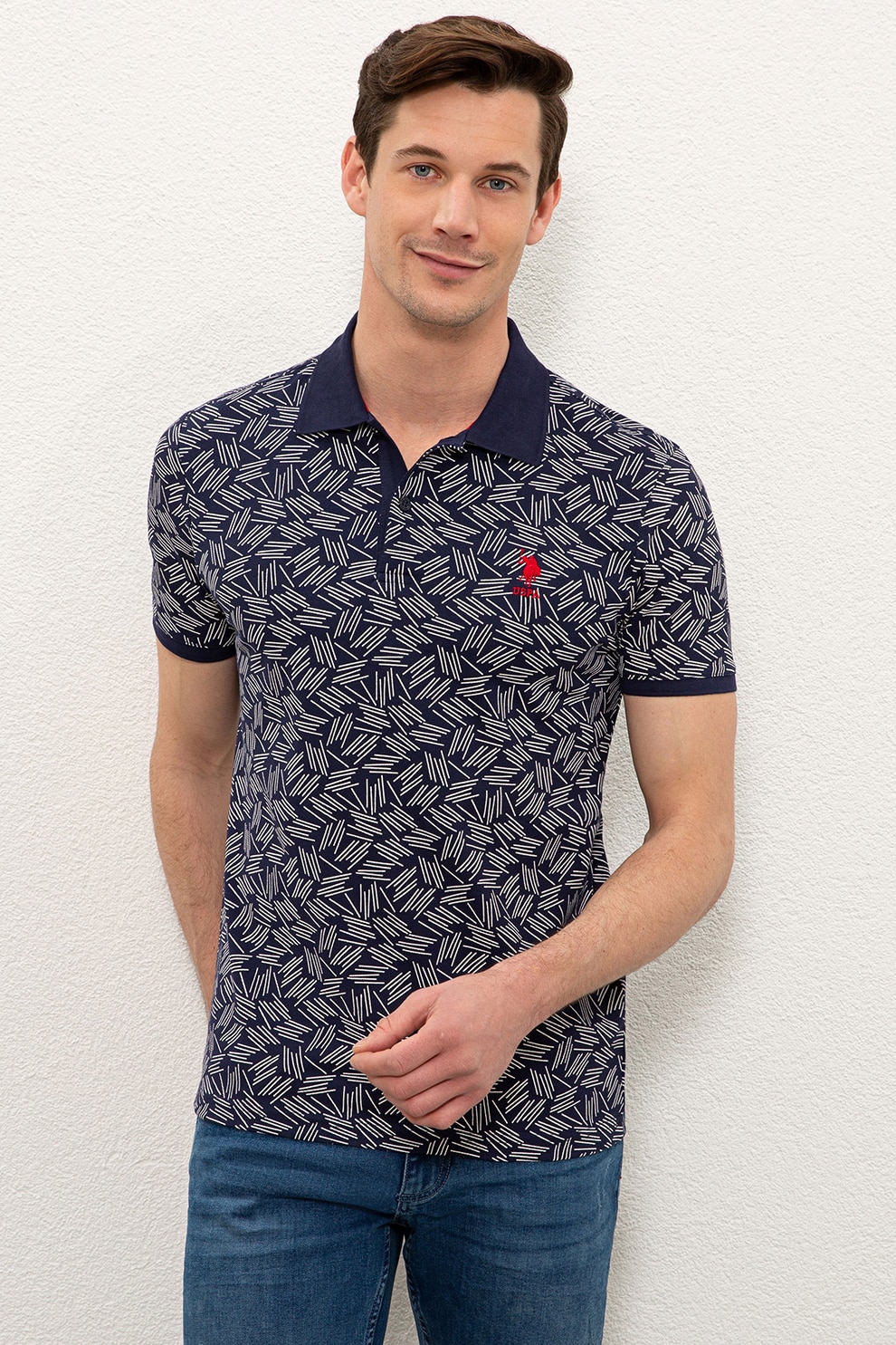 U.S. Polo Assn., Tricou polo slim fit de bumbac cu textura pique, bleumarin inchis, alb