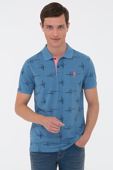 U.S. Polo Assn., Tricou polo slim fit, Albastru prafuit/Negru U.S. Polo Assn., Tricou polo slim fit, Albastru prafuit/Negru