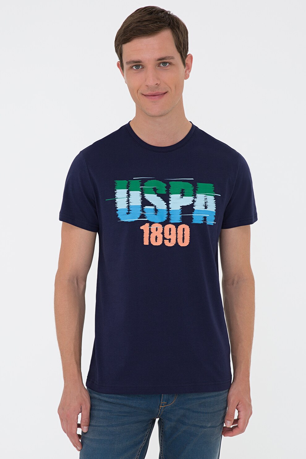 U.S. Polo Assn., Tricou cu imprimeu logo, Bleumarin inchis/Albastru pastel/Oranj
