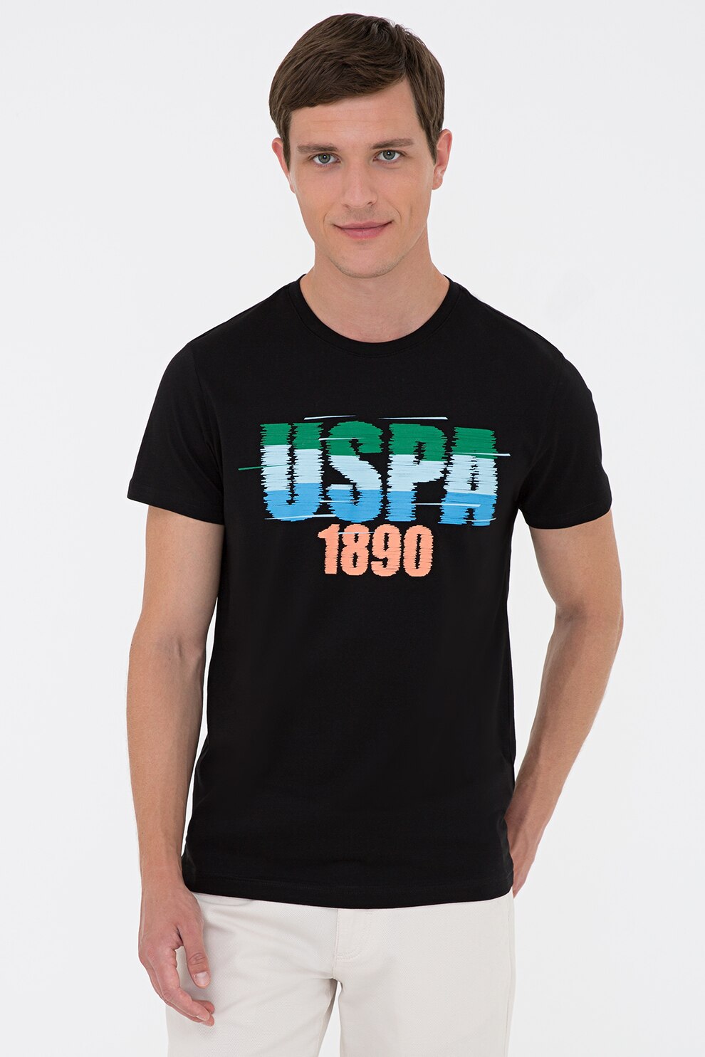 U.S. Polo Assn., Tricou cu imprimeu logo, Negru/Bleu/Oranj pal