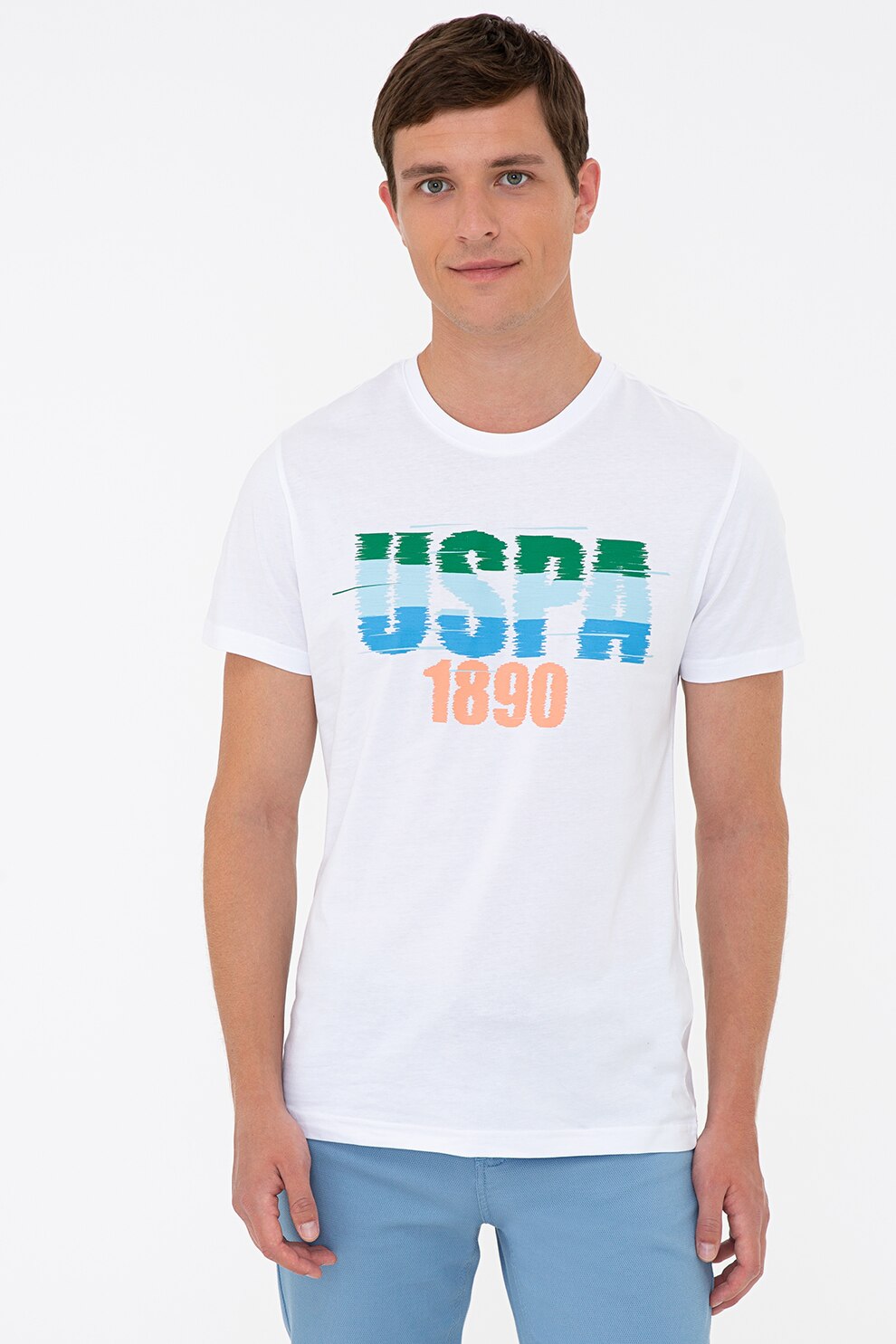 U.S. Polo Assn., Tricou cu imprimeu logo, Alb optic/Albastru/Verde