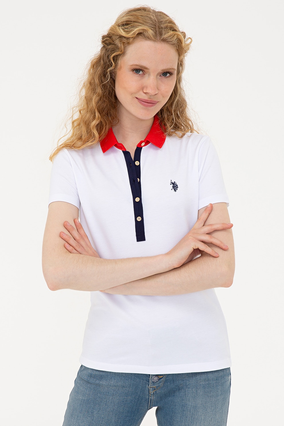 U.S. Polo Assn., Tricou polo din amestec de bumbac cu logo, Alb optic/Rosu/Bleumarin inchis
