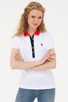 U.S. Polo Assn., Tricou polo din amestec de bumbac cu logo, Alb optic/Rosu/Bleumarin inchis U.S. Polo Assn., Tricou polo din amestec de bumbac cu logo, Alb optic/Rosu/Bleumarin inchis