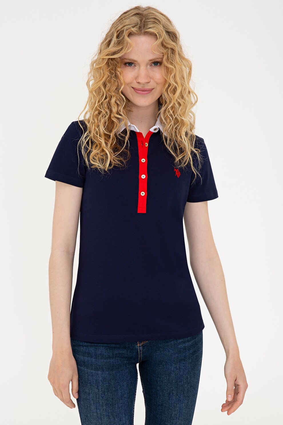U.S. Polo Assn., Tricou polo din amestec de bumbac cu logo, Bleumarin/Rosu/Alb
