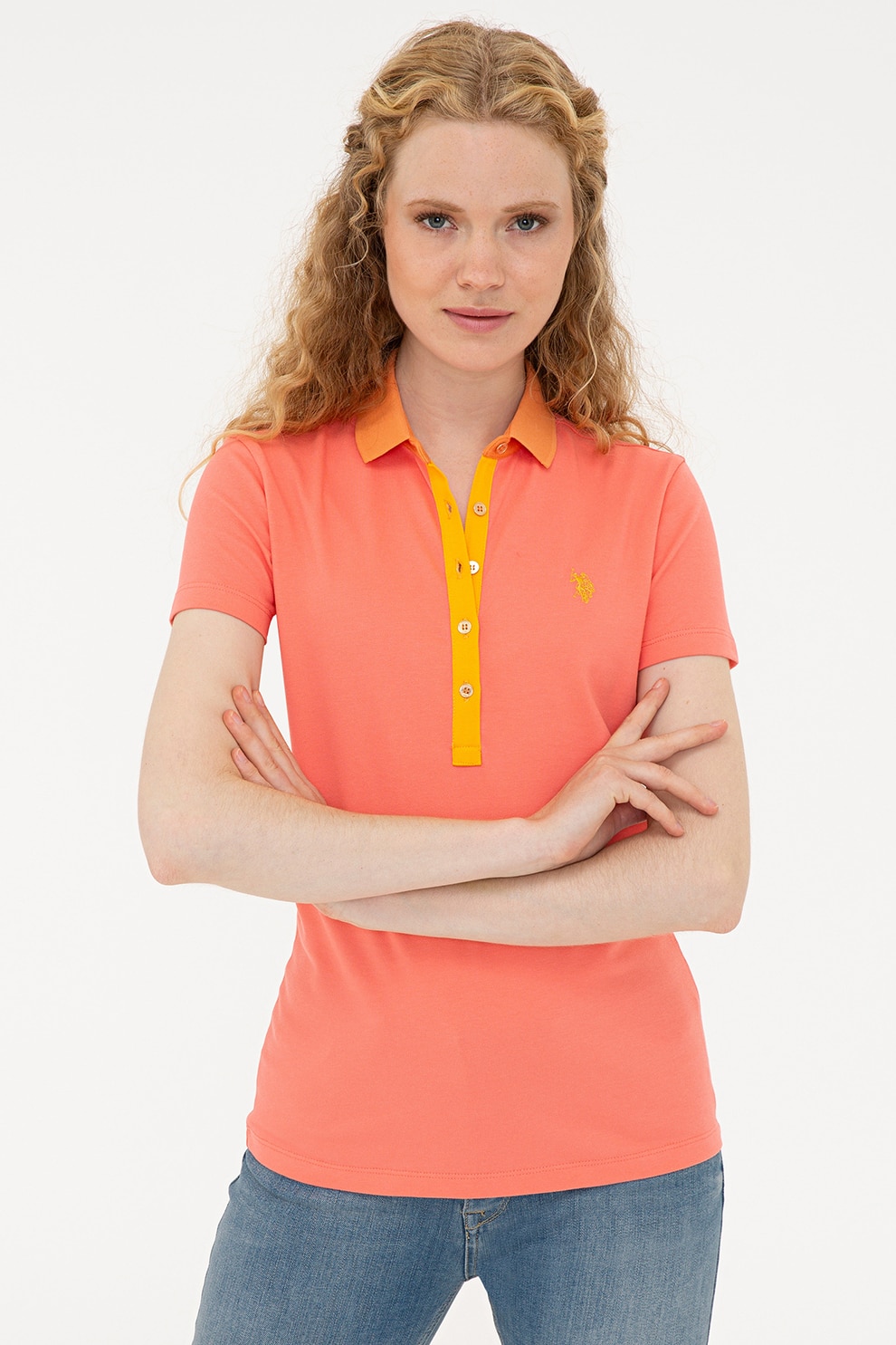 U.S. Polo Assn., Tricou polo din amestec de bumbac cu logo, Roz somon/Galben