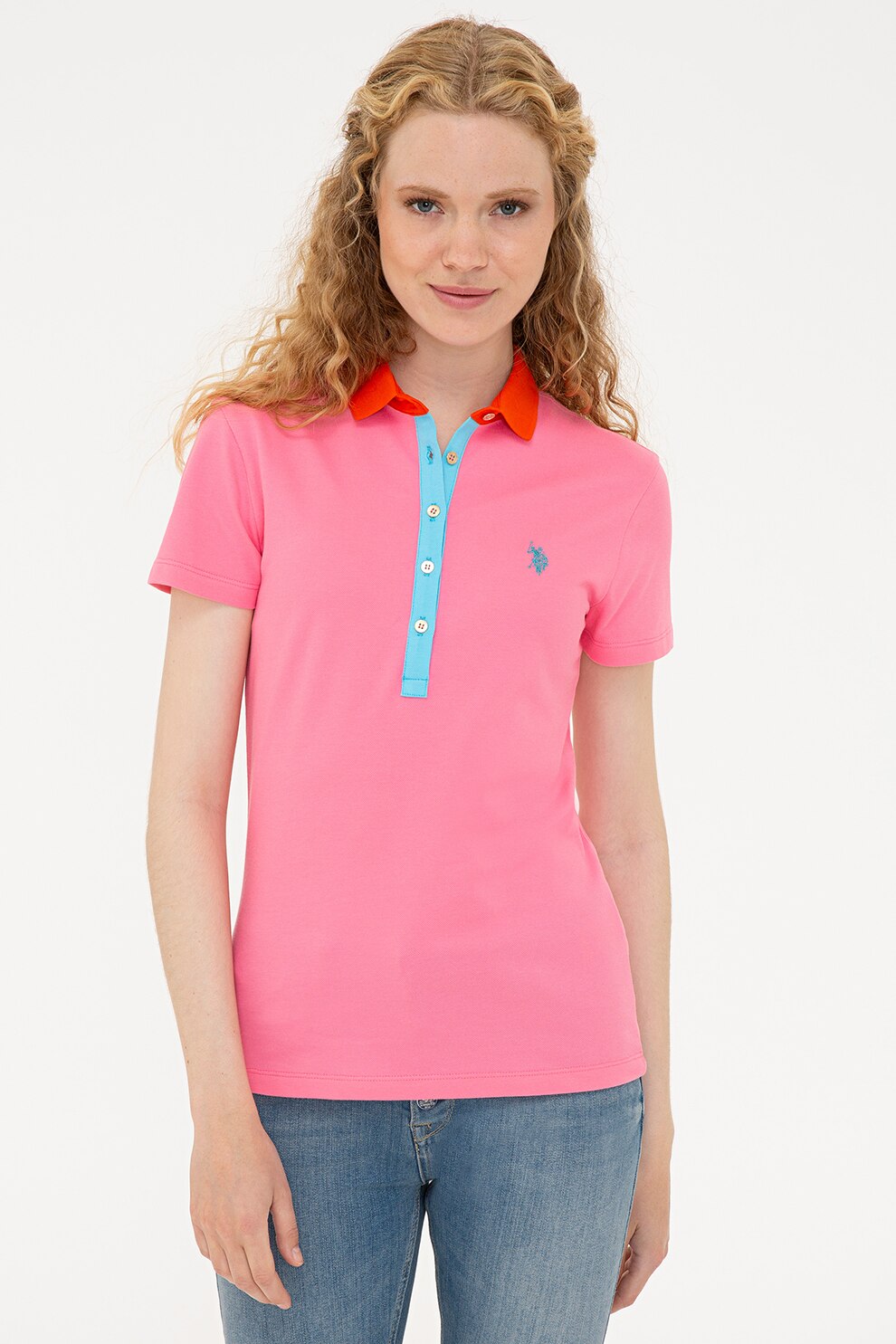 U.S. Polo Assn., Tricou polo din amestec de bumbac cu logo, Roz deschis/Albastru aqua/Rosu