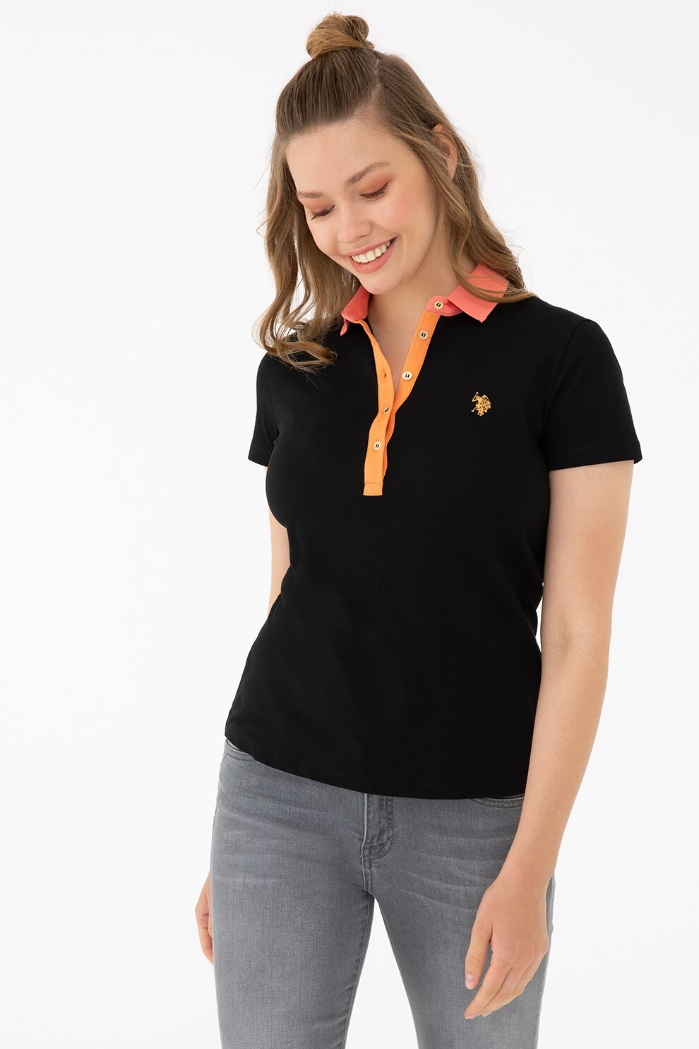 U.S. Polo Assn., Tricou polo din amestec de bumbac cu logo, Negru/Oranj pal