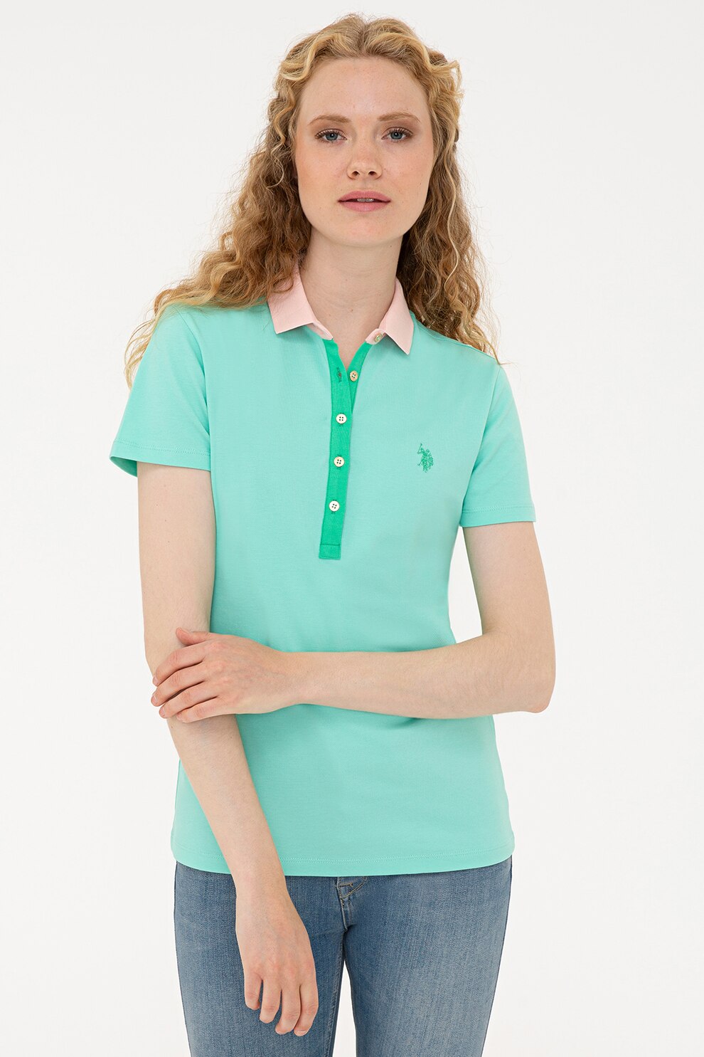 U.S. Polo Assn., Tricou polo din amestec de bumbac cu logo, Verde deschis