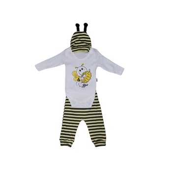 Set hainute 3 piese- body maneca lunga, caciulita, pantaloni , Albinuta Set hainute 3 piese- body maneca lunga, caciulita, pantaloni , Albinuta