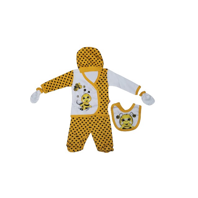 Set hainute 5 piese pentru bebe, 3-6 luni, bumbac, Imprimeu Albinuta, alb-galben