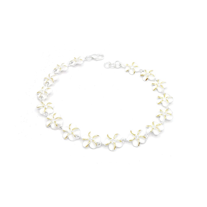 Bratara dama argint 925 cu elemente placate cu aur galben, floare Plumeria Hawaii, Frangipani, piatra zirconiu, PersonalStyle