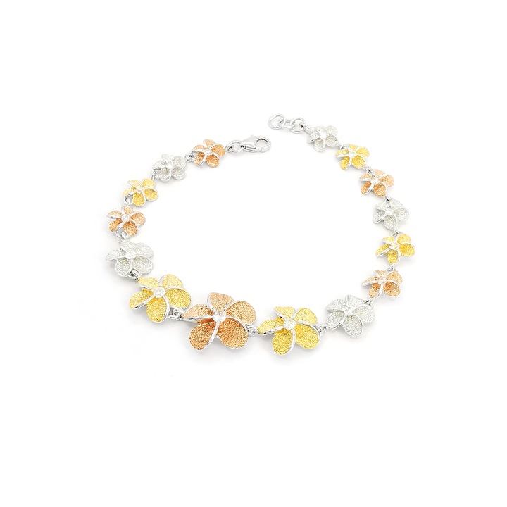 Bratara dama argint 925 cu elemente placate cu aur galben, aur roz, floare Plumeria Hawaii, Frangipani, piatra zirconiu, PersonalStyle