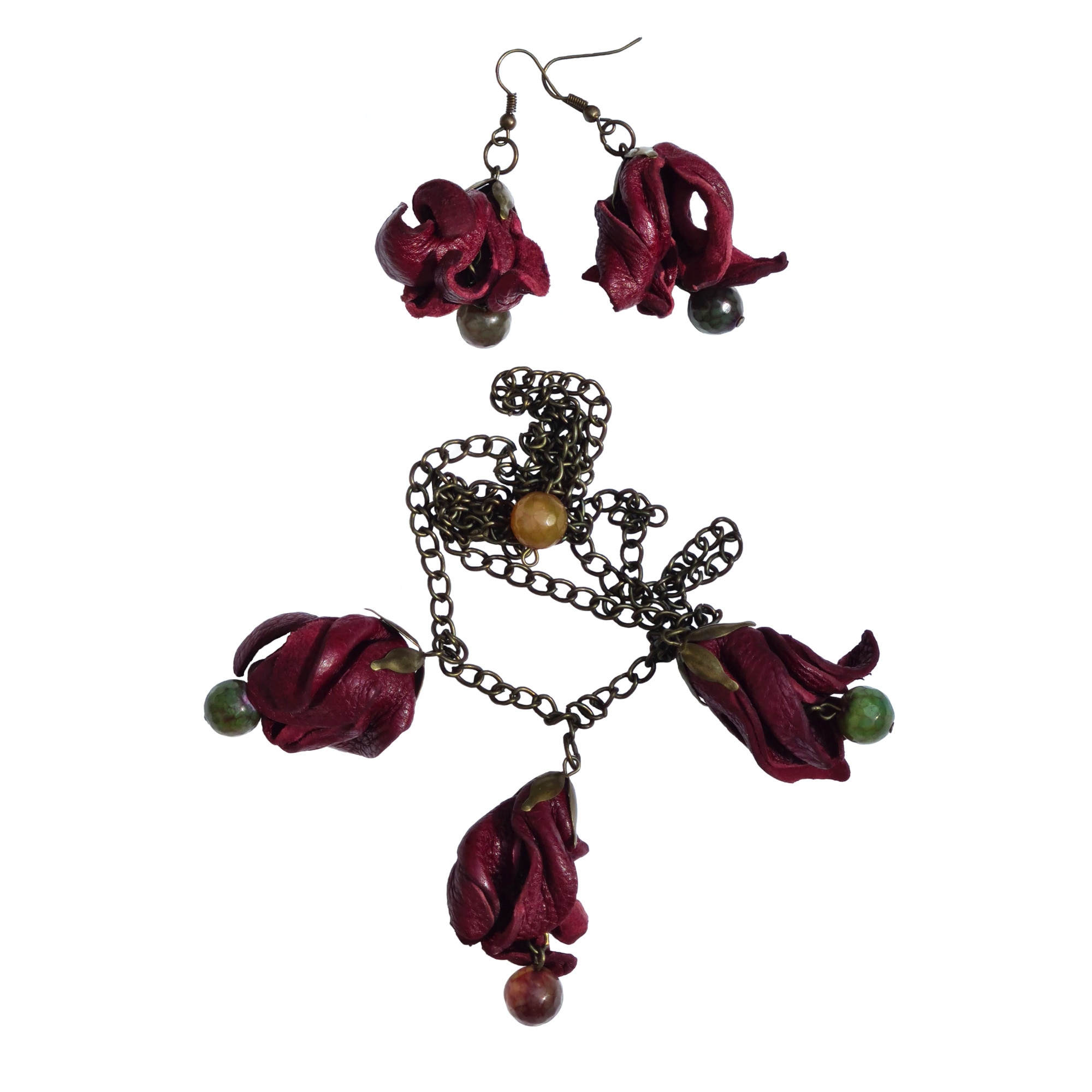 Set colier si cercei Decoranna Handcraft Fantezia din Gradina, statement unicat, lucrat manual din piele naturala cu agate fatetate, grena visiniu