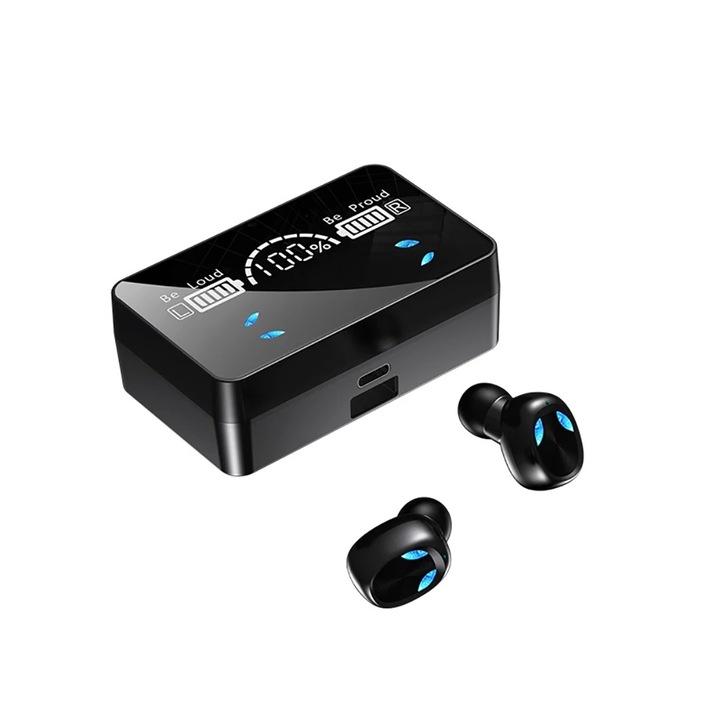 Casti gaming OZ X3 Wireless cu baterie de incarcare externa, 65MS, Rezistente la Apa IPX-5, Senzor inteligent de conectare Control TOUCH, Anulare zgomot, Bluetooth 5.1, Activare Vocala, Sunet 9D HD, Afisare Led, Negre