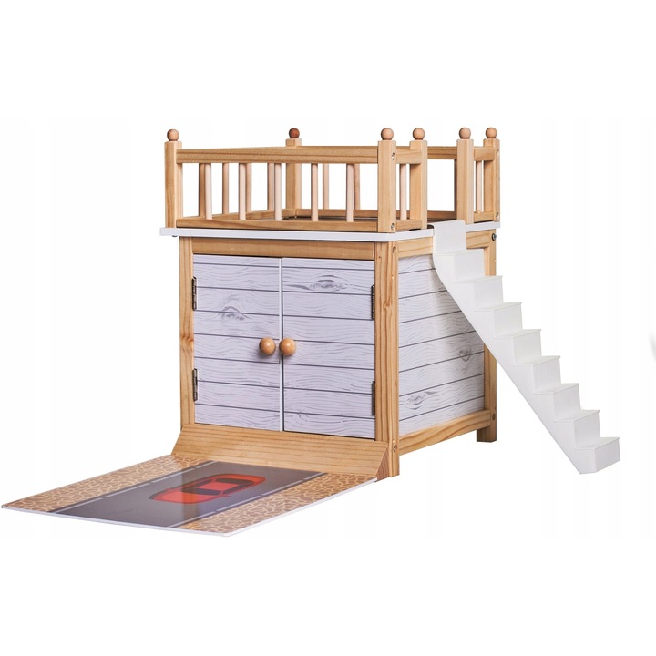 IdealStore Woody Garage Garázs, Méretek 30 x 30 cm, Festett bútorok, Dupla ajtó, Terasz lépcsővel, Ideális babaházhoz