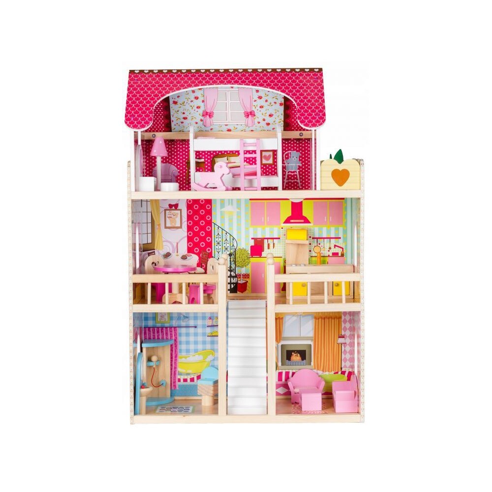 Casuta de Papusi din Lemn, Bigshot BS4109PNK, 3 Niveluri, 5 Camere, Baie, Bucatarie, 17 Piese, Multicolora
