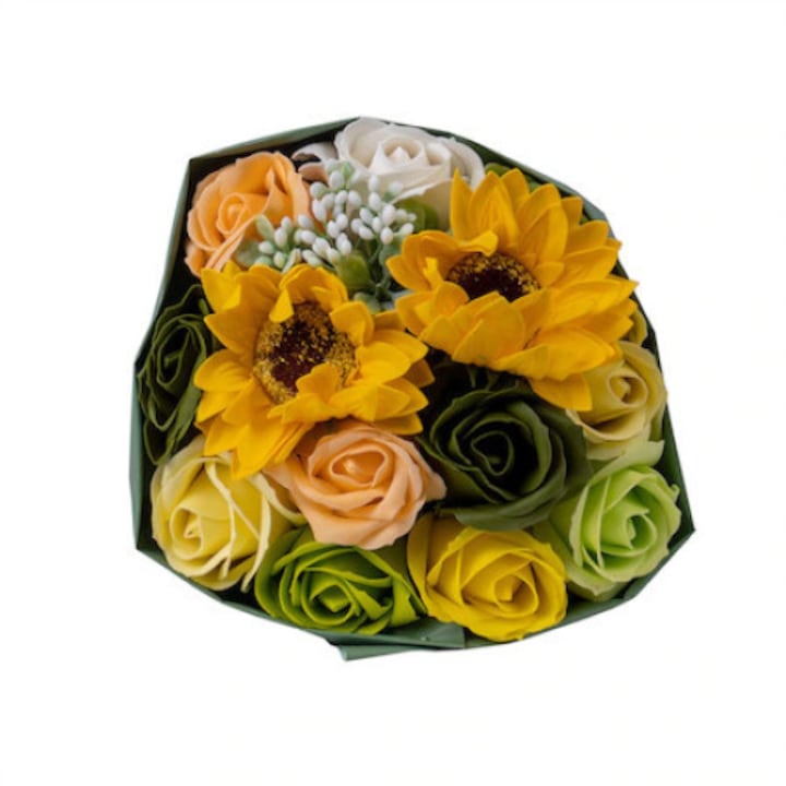 Buchet din tradafiri de sapun si floarea soarelui, Verde-Galben, 22 cm
